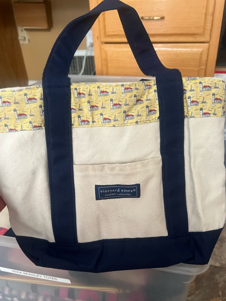 Vineyard Vines Cream And Navy Canvas Tote With Yellow Nautical Trim